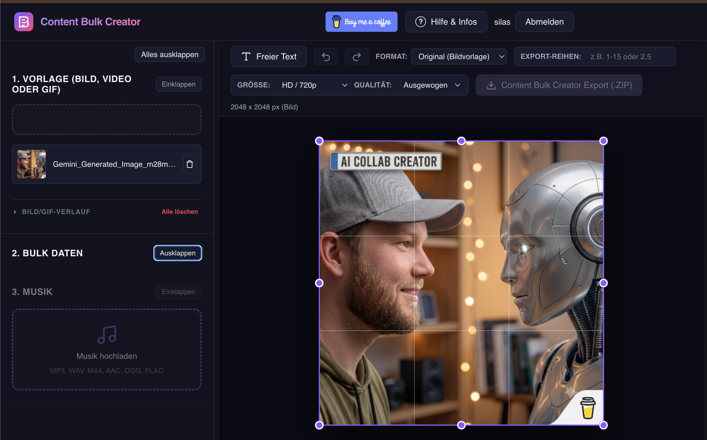Content Bulk Creator mit geladener Bildvorlage und zentralem Editor