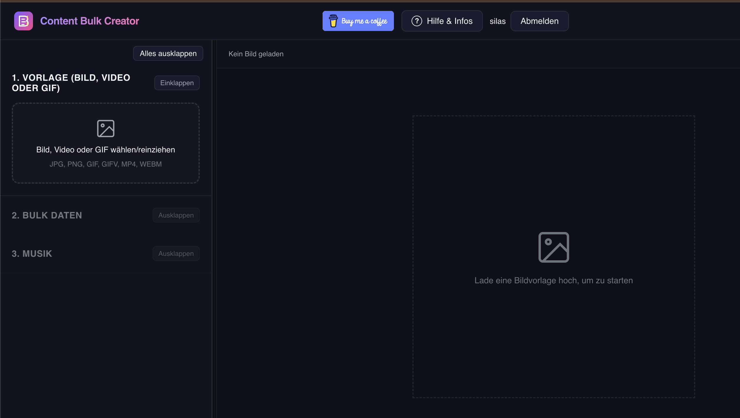 Leerer Editor mit Uploadbereich und zentraler Vorschau