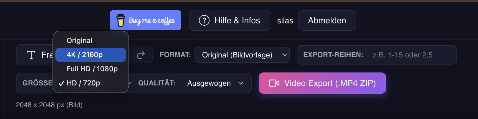 Auswahl von HD bis 4K beim Videoexport