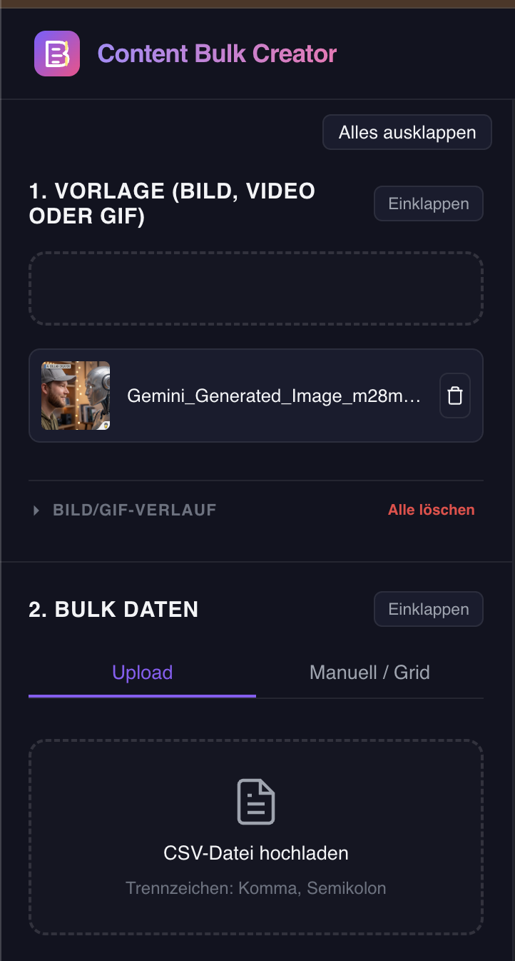 Vorlage und CSV-Upload für Bulk-Daten