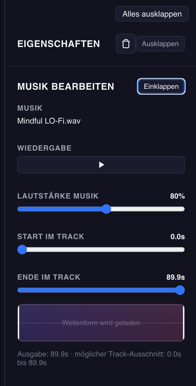 Musikbereich mit Wiedergabe, Lautstärke sowie Start und Ende